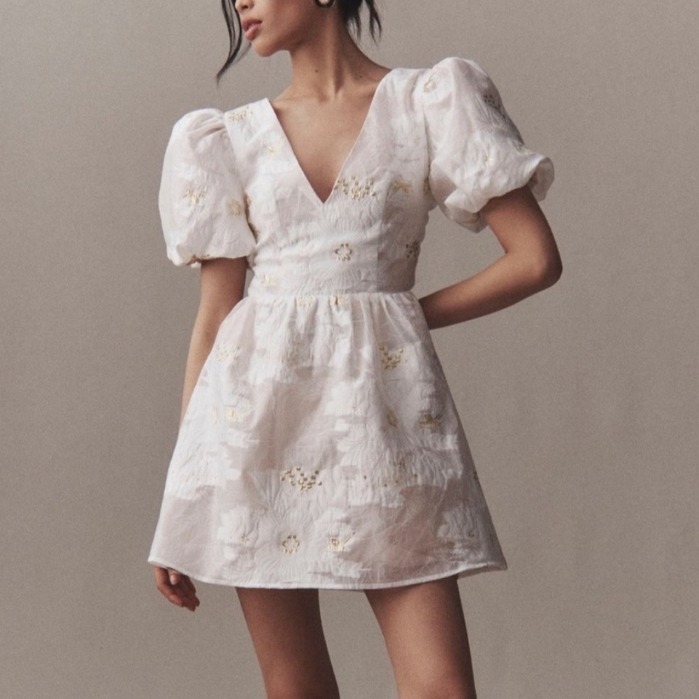 Elliatt Octavia Puff-Sleeve V-Neck A-Line Mini Dress XL New with Tag Bridal